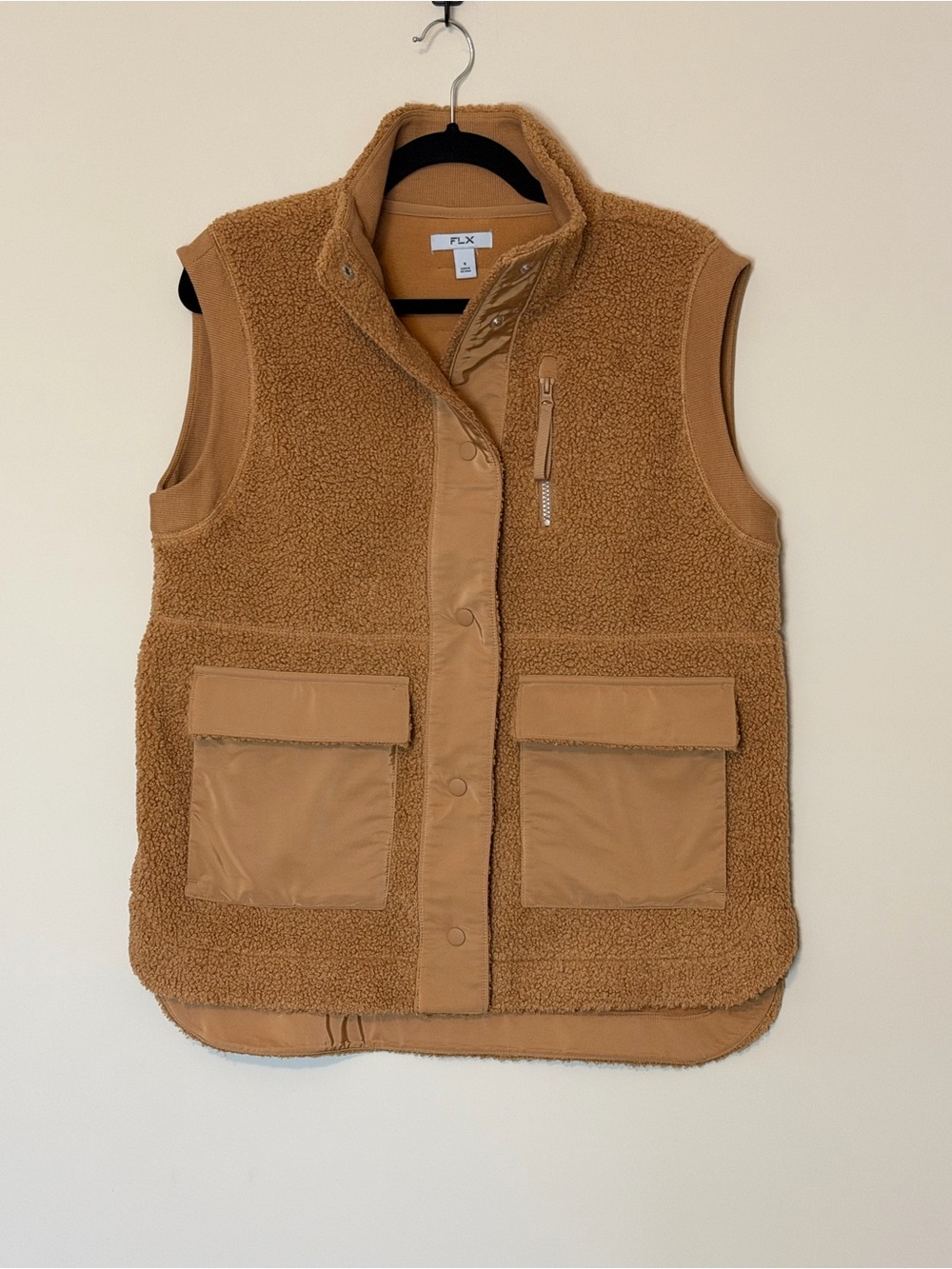 FLX Patch Pocket Bouclé Sherpa Utility Vest Tan Women’s Small S
